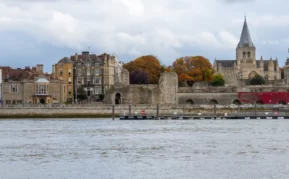 Rochester Castle with the River Medway in the foreground.