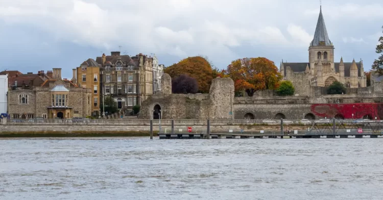 Rochester Castle with the River Medway in the foreground.