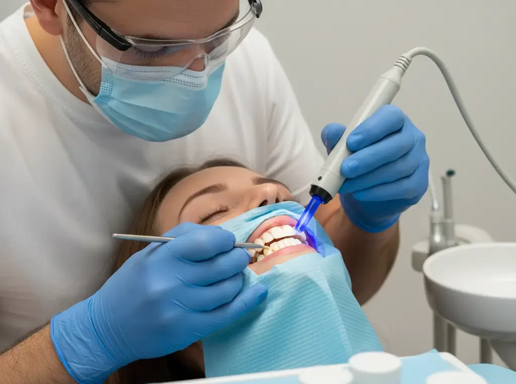 Composite bonding being applied by a dentist.