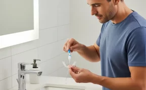 A man cleaning his Invisalign aligners in the bathroom.