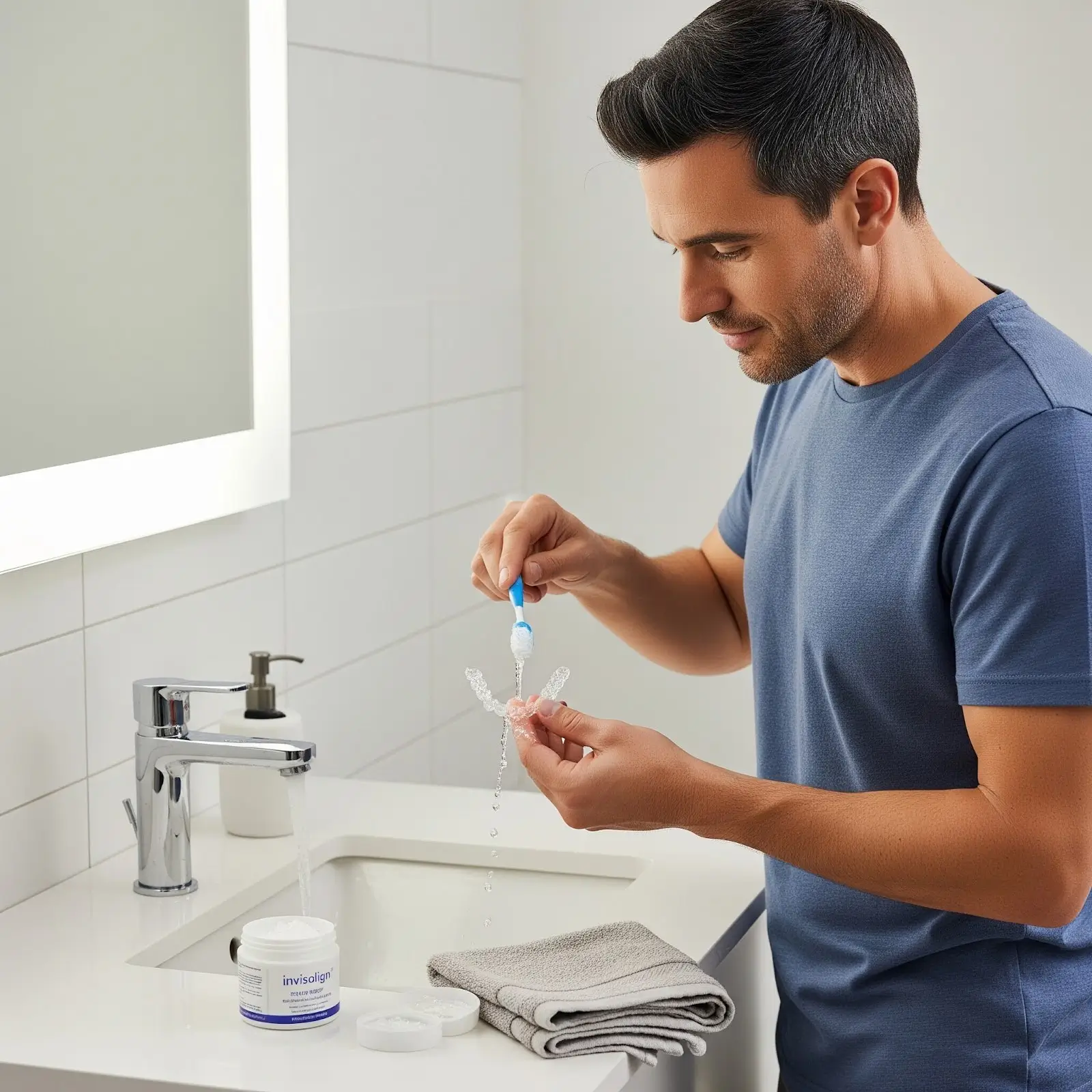 A man cleaning his Invisalign aligners in the bathroom.