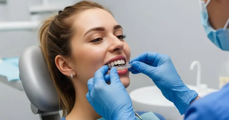 Invisalign patient in the dentists chair having aligners put in.