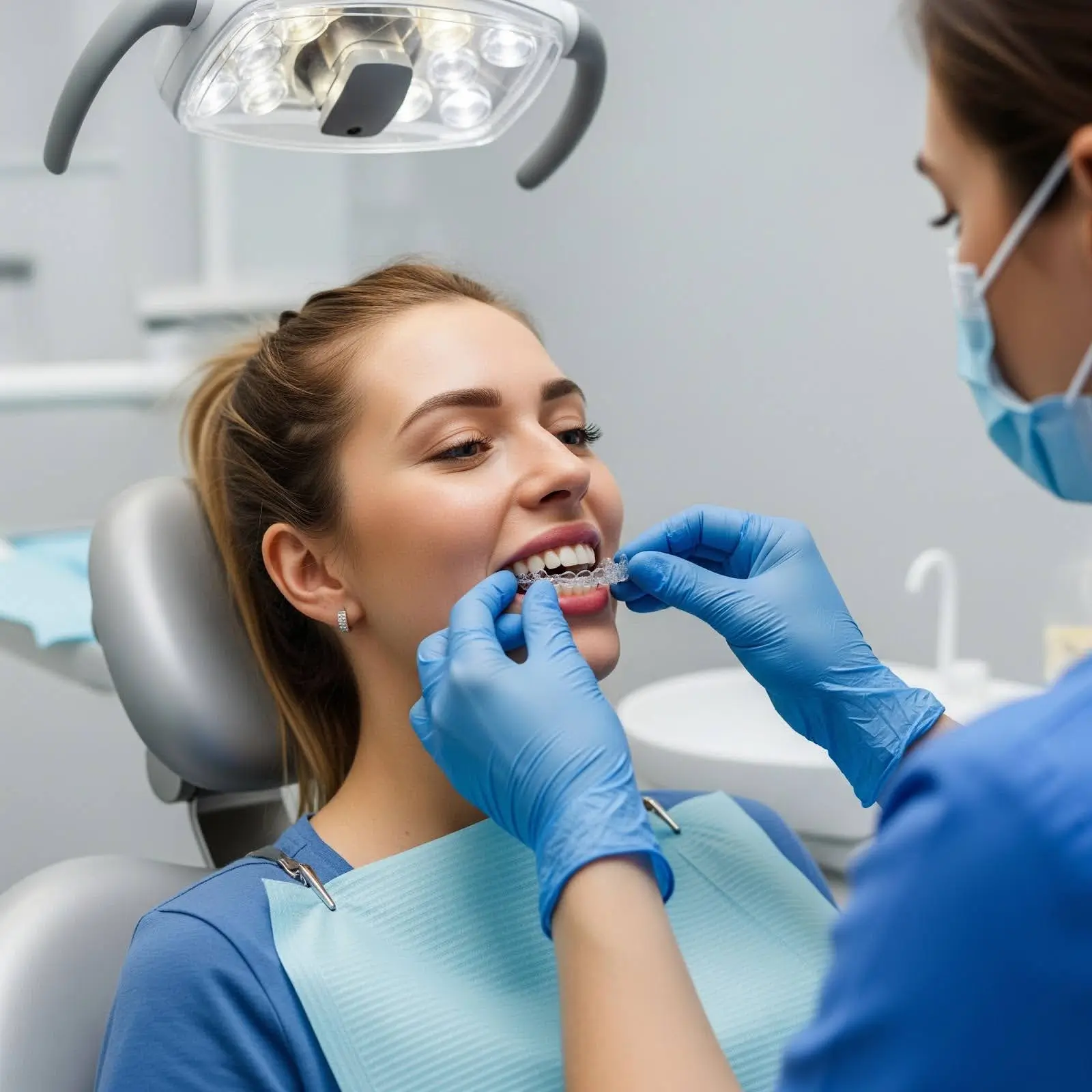 Invisalign patient in the dentists chair having aligners put in.