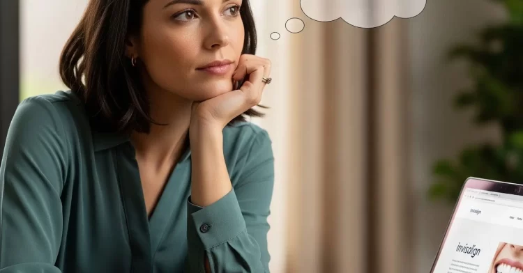 Woman sitting at a desk with a laptop with though bubbles, thinking about Invisalign suitability.