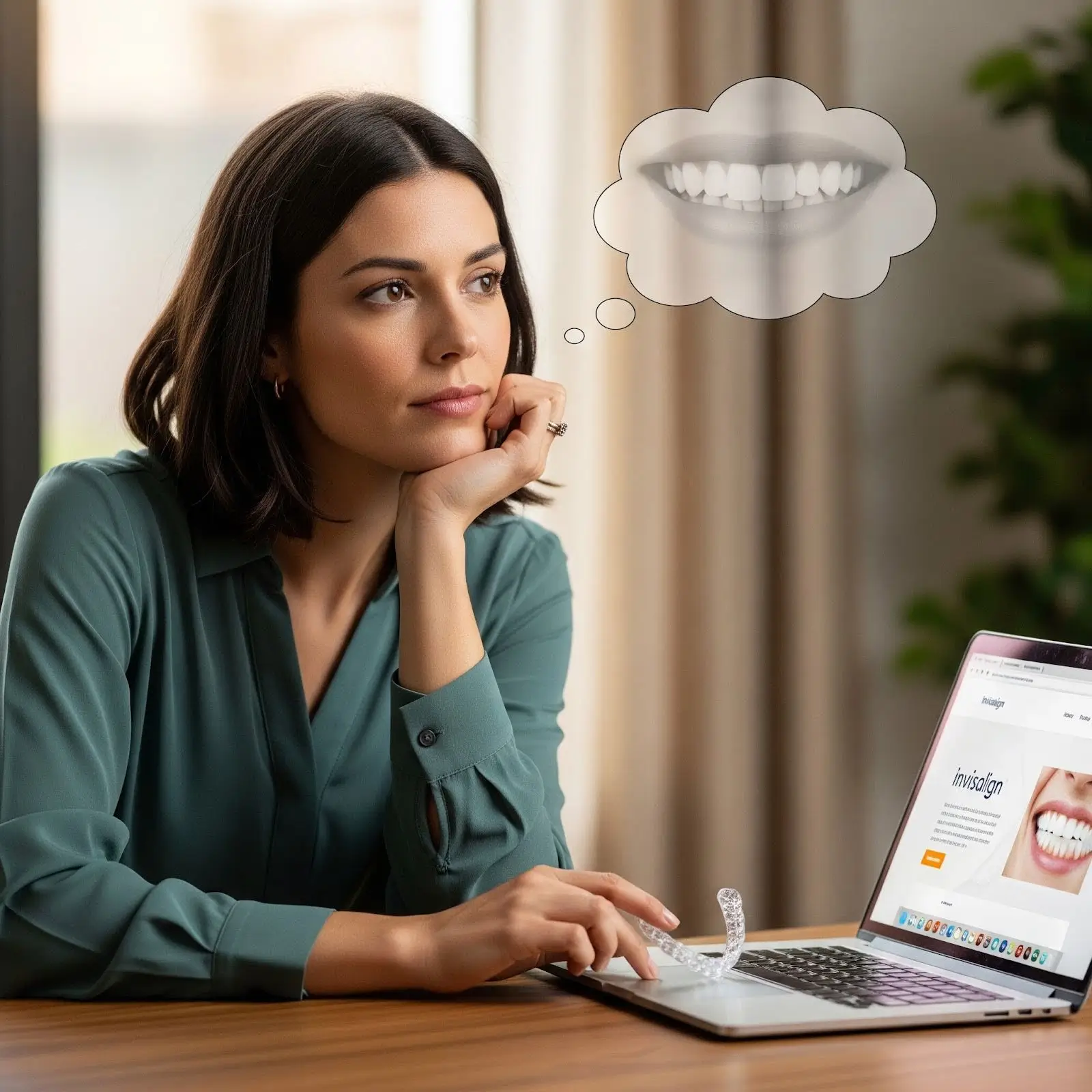 Woman sitting at a desk with a laptop with though bubbles, thinking about Invisalign suitability.