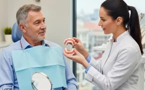 Dentist holding dentures showing patient.