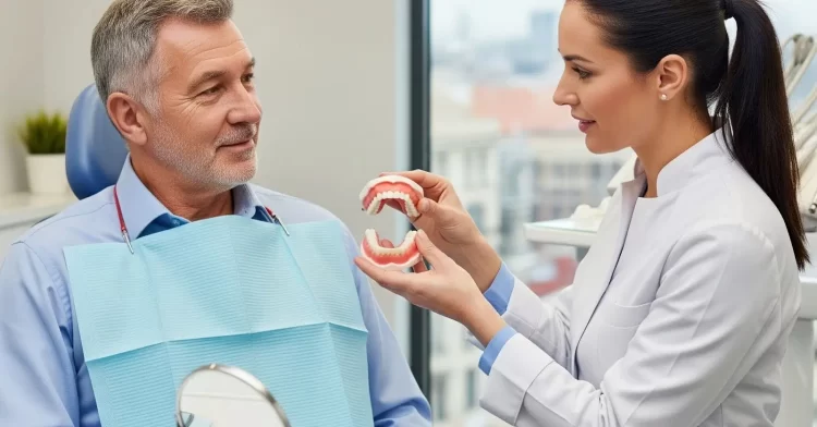 Dentist holding dentures showing patient.