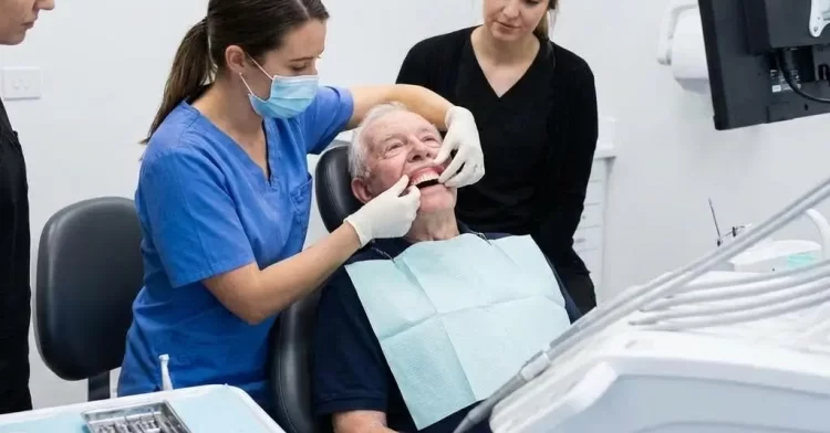A dental patient having dentures fitted.